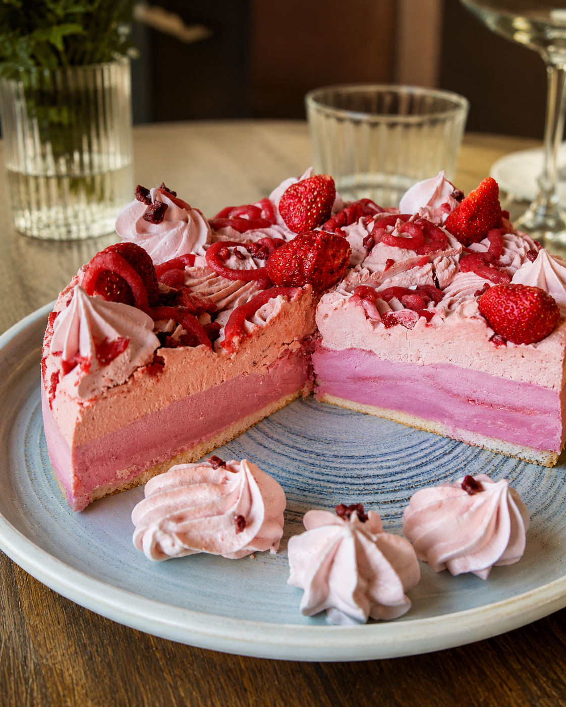 Entremets fraise-framboise avec meringues roses et fraises fraîches, Auberge d'Arthaz